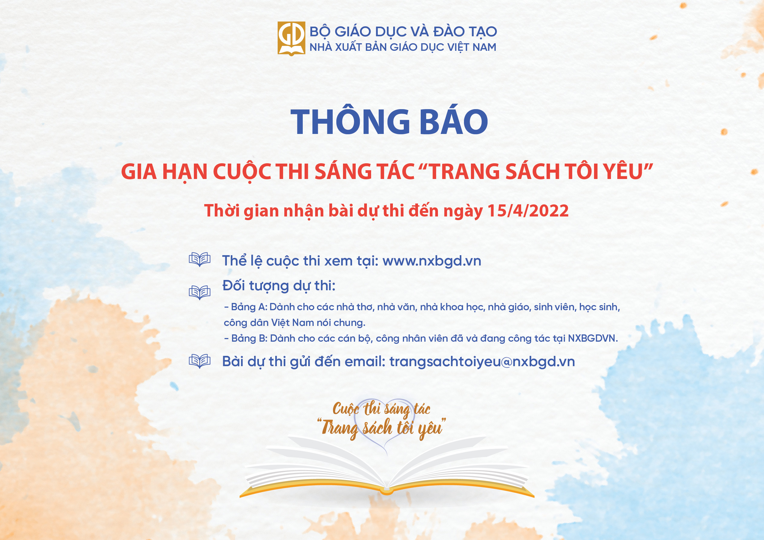 THÔNG BÁO GIA HẠN THỜI GIAN NHẬN BÀI DỰ THI CUỘC THI SÁNG TÁC “TRANG SÁCH TÔI YÊU” 