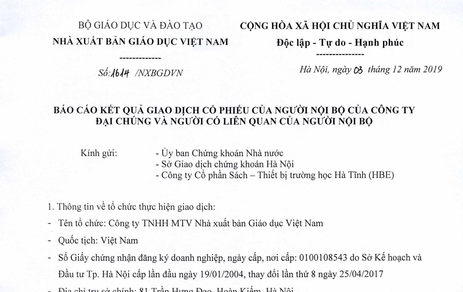 Báo cáo kết quả giao dịch cổ phiếu của người nội bộ của công ty đại chúng và người có liên quan của người nội bộ