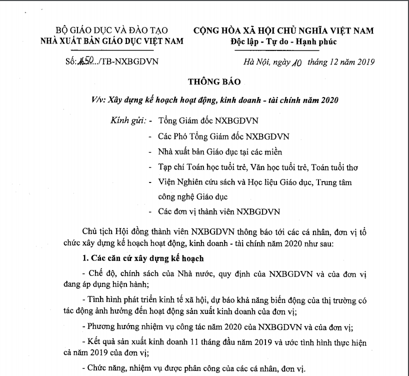 Thông báo xây dựng kế hoạch hoạt động, kinh doanh - tài chính năm 2020