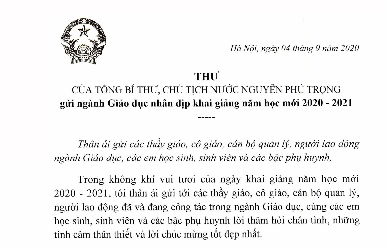 Thư của Tổng Bí thư, Chủ tịch nước Nguyễn Phú Trọng gửi ngành Giáo dục nhân dịp khai giảng năm học mới 2020-2021