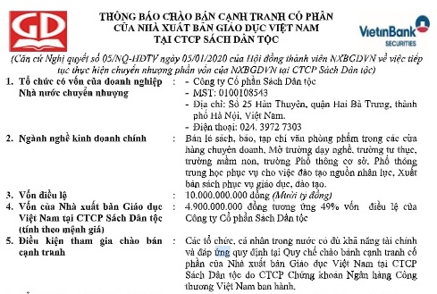 Thông báo kết quả đăng ký tham gia chào bán cạnh tranh cổ phần của Nhà xuất bản Giáo dục Việt Nam tại Công ty Cổ phần Sách Dân tộc